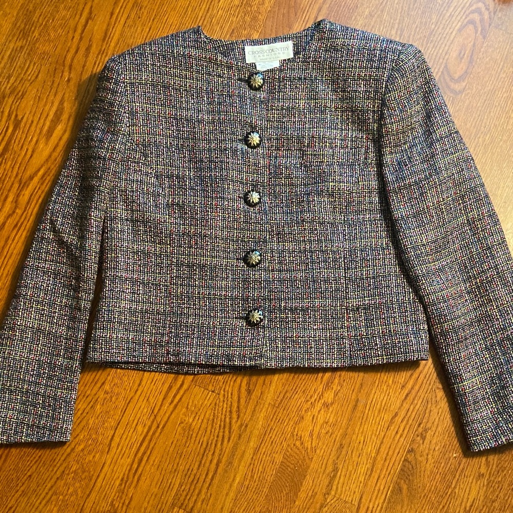 Vintage Multicolor Cropped Tweed Jacket with Statement Buttons